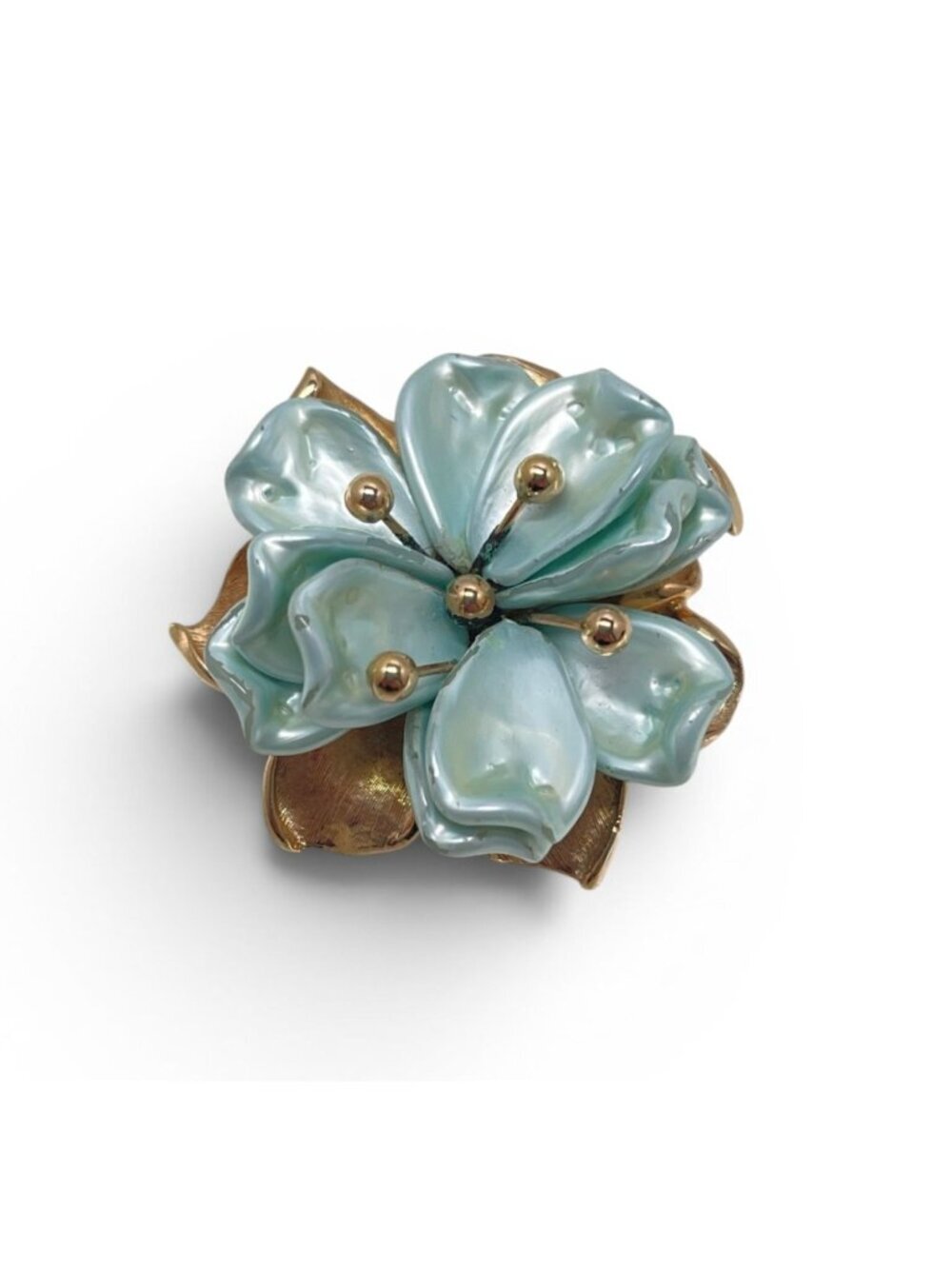 Marvella Vintage Green-Blue Enamel Flower Brooch With Gold-Tone Petals & Accents